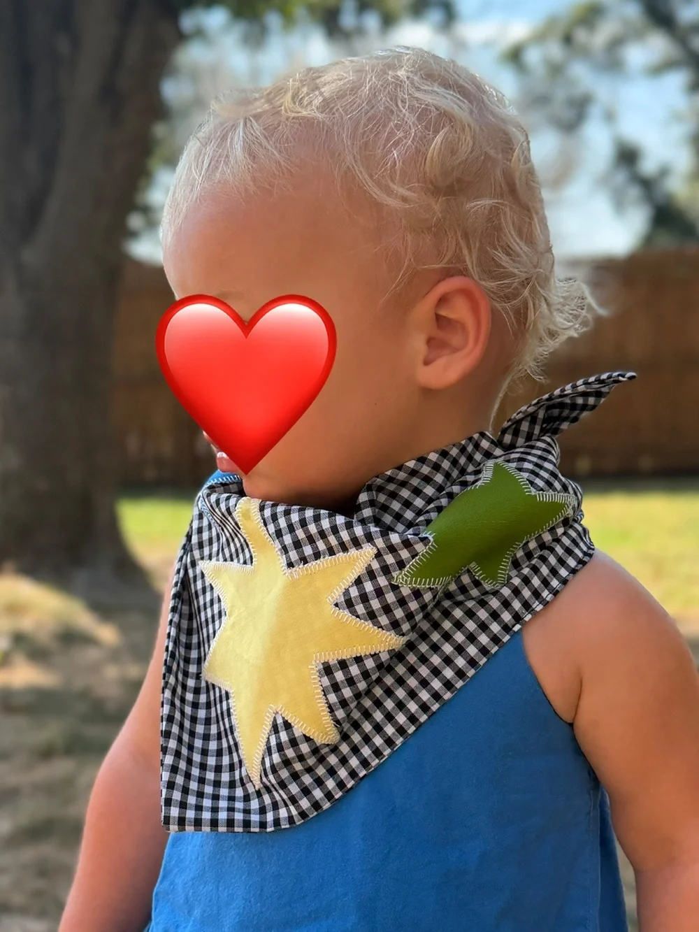Handmade Black Gingham Kids Headscarf with Blue Yellow and Green Star Appliqués